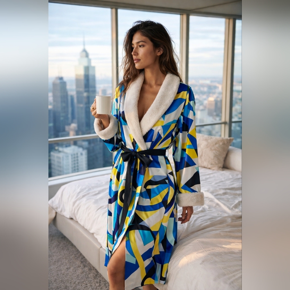 RARE Vtg Victoria's Secret Satin Robe XS Funky Geometric‎ Dopamine Fleece Lined